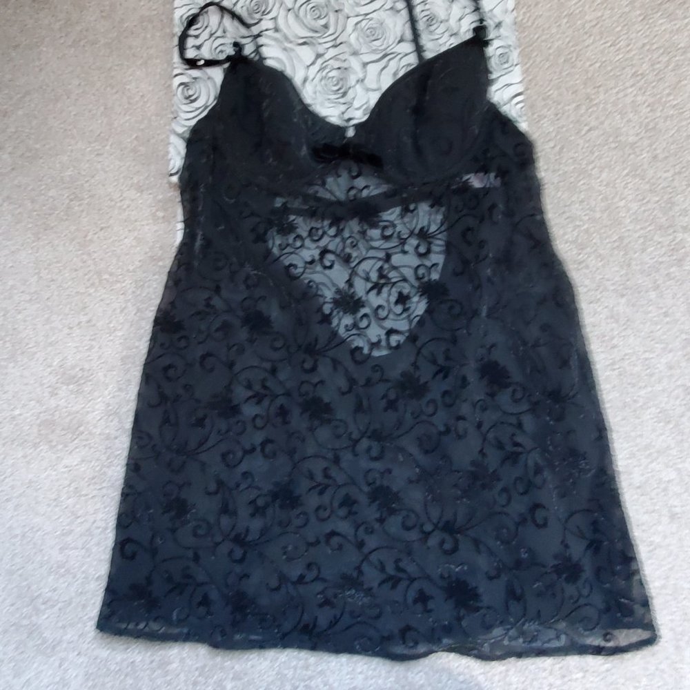 Victoria's Secret Teddy, Black Sheer w/Velvet Design, Size 36B, New W/Tags